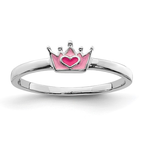 Sterling Silver Rhodium-plated Polished Pink Enamel Crown Ring, Size 3