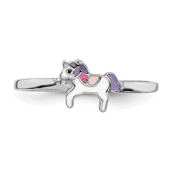 Sterling Silver RH-plated Multi-color Enameled Unicorn Children's Ring