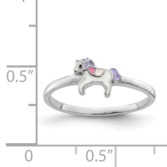Sterling Silver RH-plated Multi-color Enameled Unicorn Children's Ring