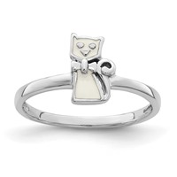 Sterling Silver Rhodium-plated Childs Enameled White Cat Ring view 1