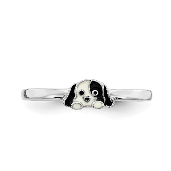 Sterling Silver RH-plated Black & White Enameled Puppy Children's Ring