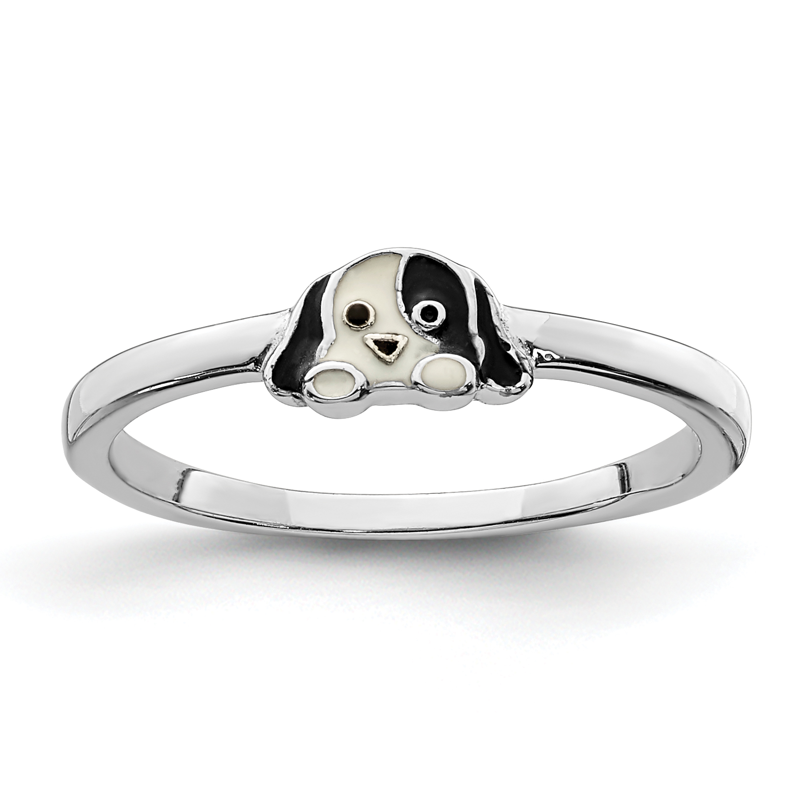 Sterling Silver RH-plated Black & White Enameled Puppy Children's Ring (QR6824-4)