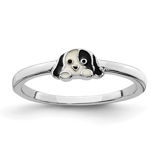 Sterling Silver RH-plated Black & White Enameled Puppy Children's Ring