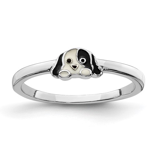 Sterling Silver RH-plated Black White Enameled Puppy Ring, Size 3