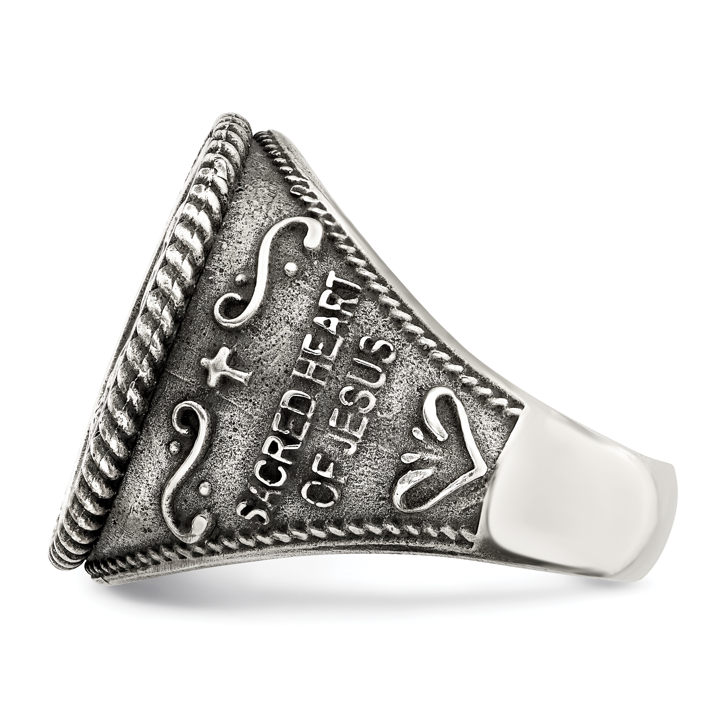 Silver Antiqued Sacred Heart of Jesus Ring QR6826 - Picture 3 of 6