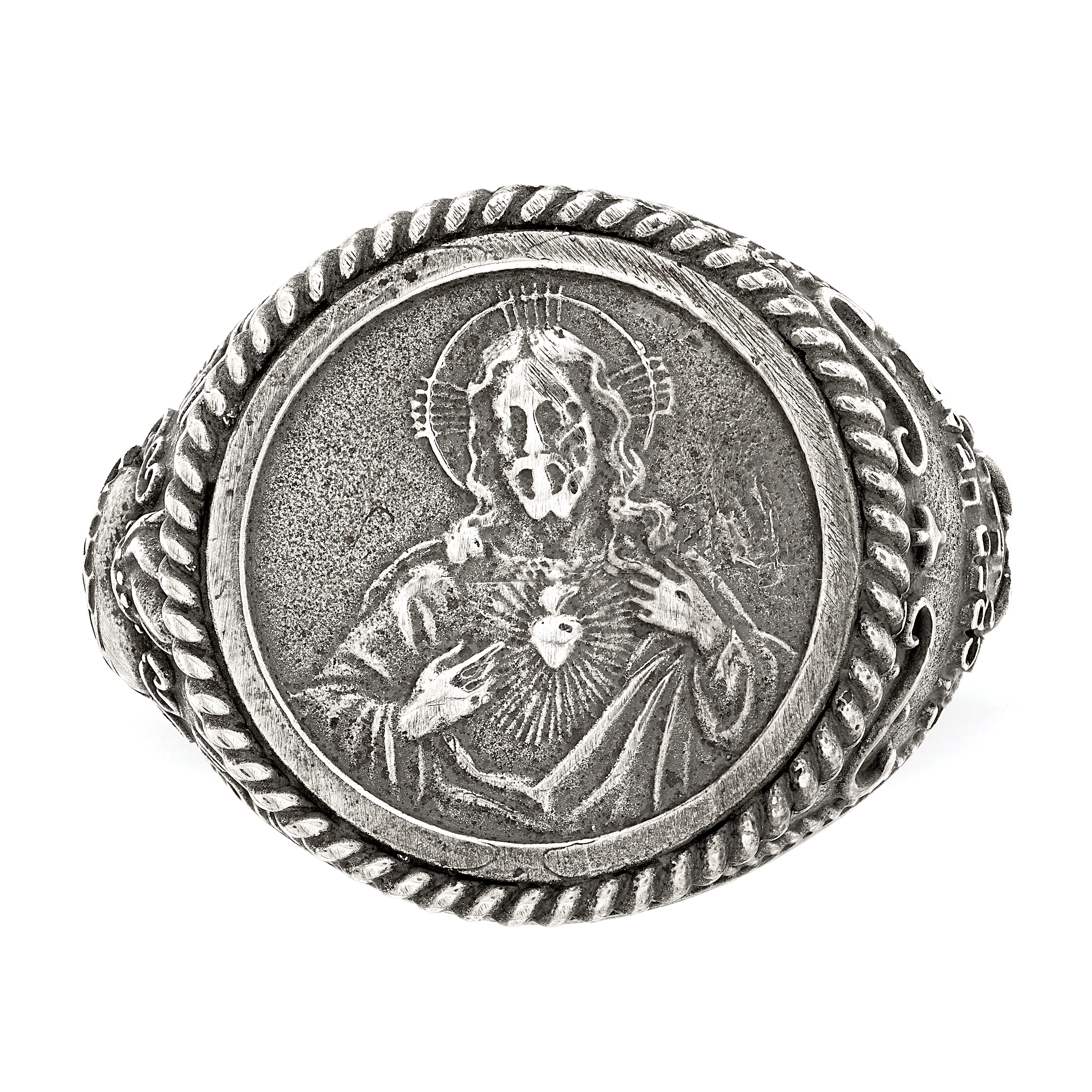 Silver Antiqued Sacred Heart of Jesus Ring QR6826 - Picture 4 of 6