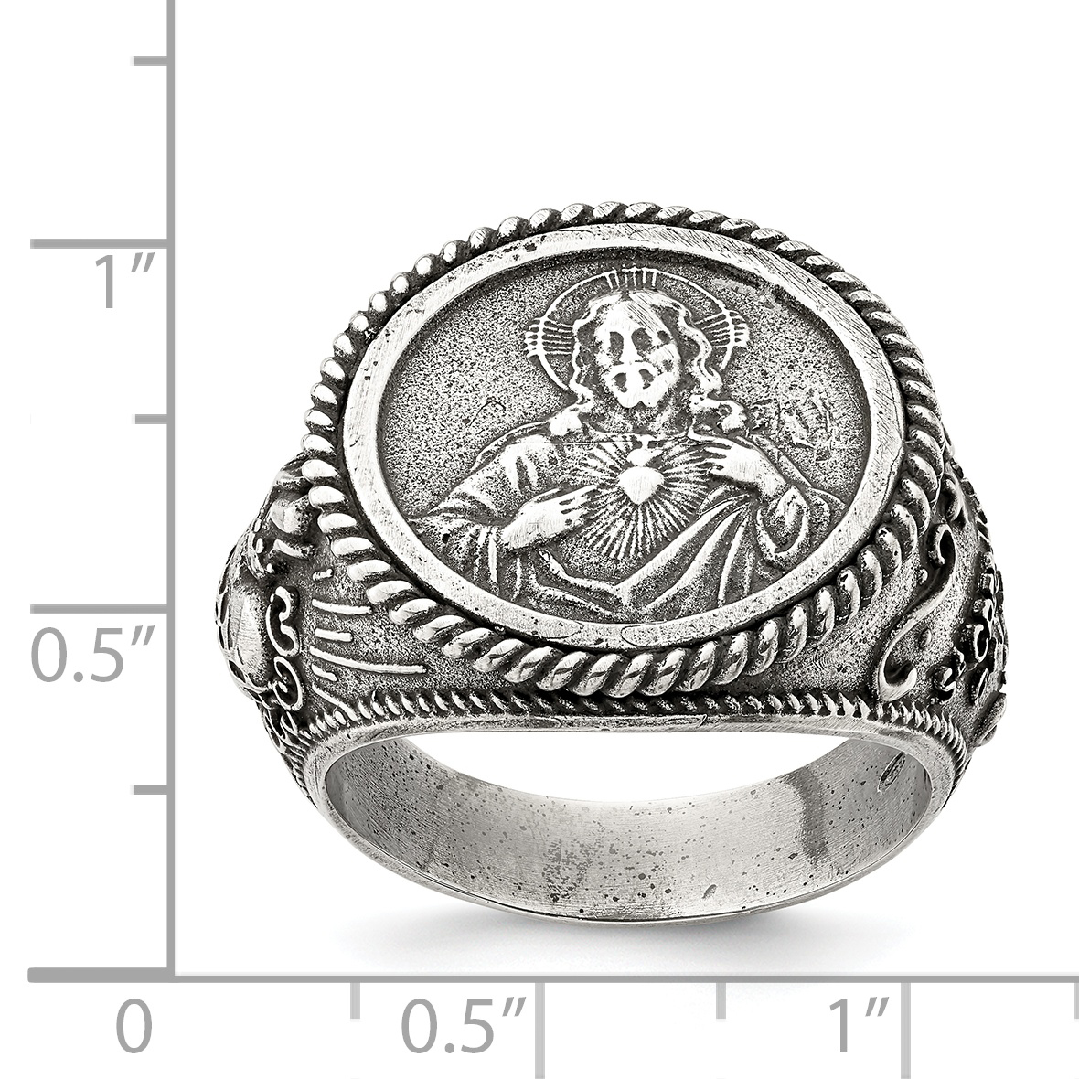 Silver Antiqued Sacred Heart of Jesus Ring QR6826 - Picture 5 of 6