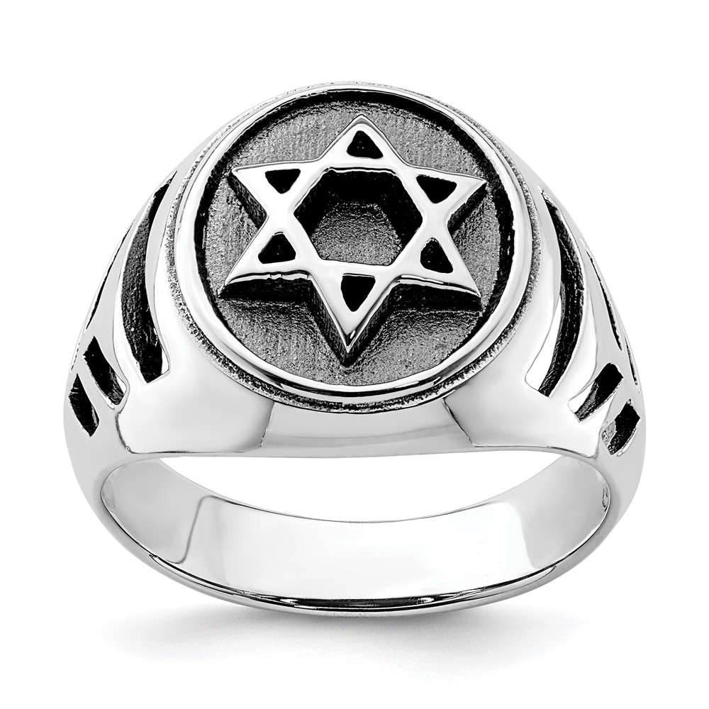 Sterling Silver Rhodium-plated & Antiqued Star of David Ring