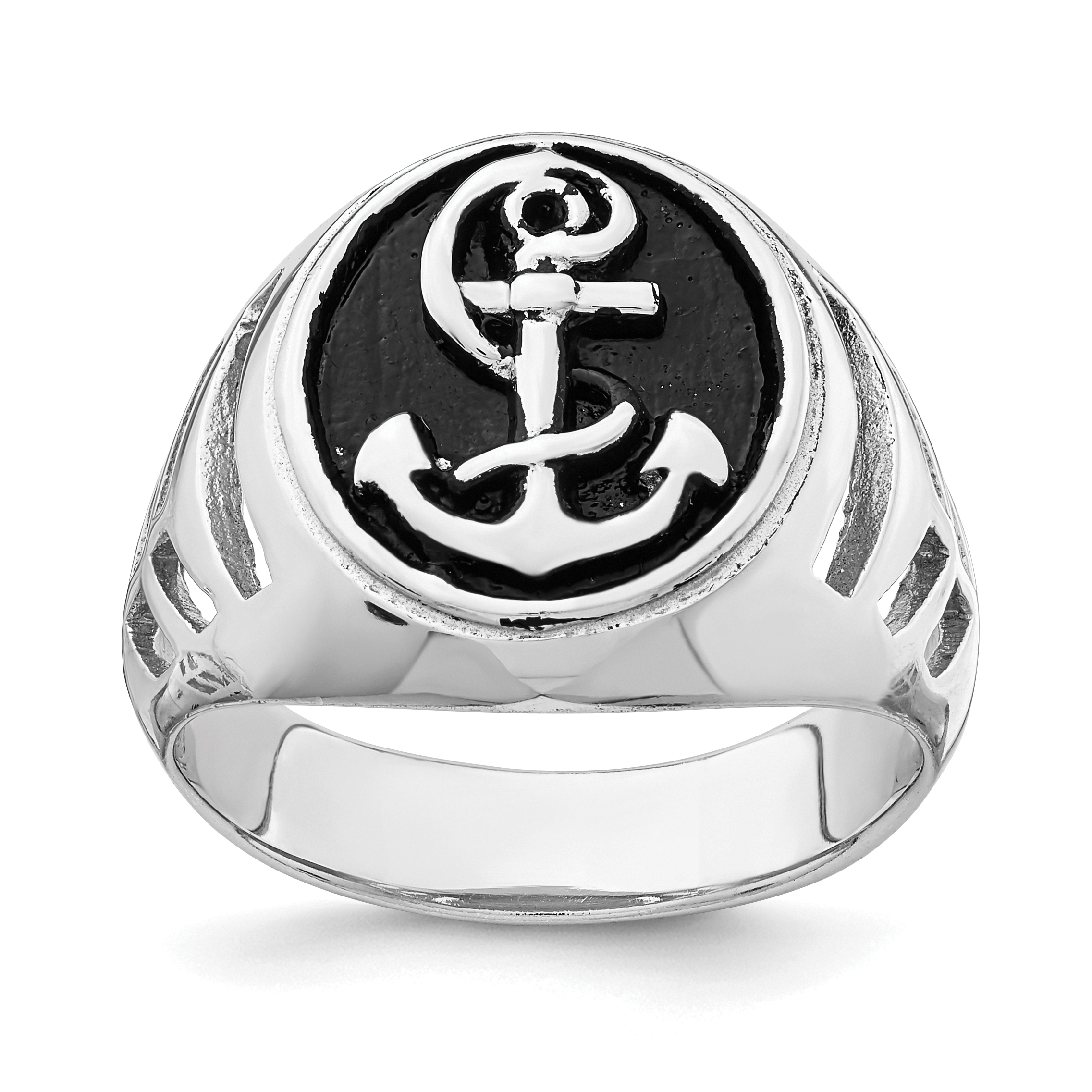 Sterling Silver Rhodium-plated & Antiqued Plated Anchor Ring (QR6834-10)