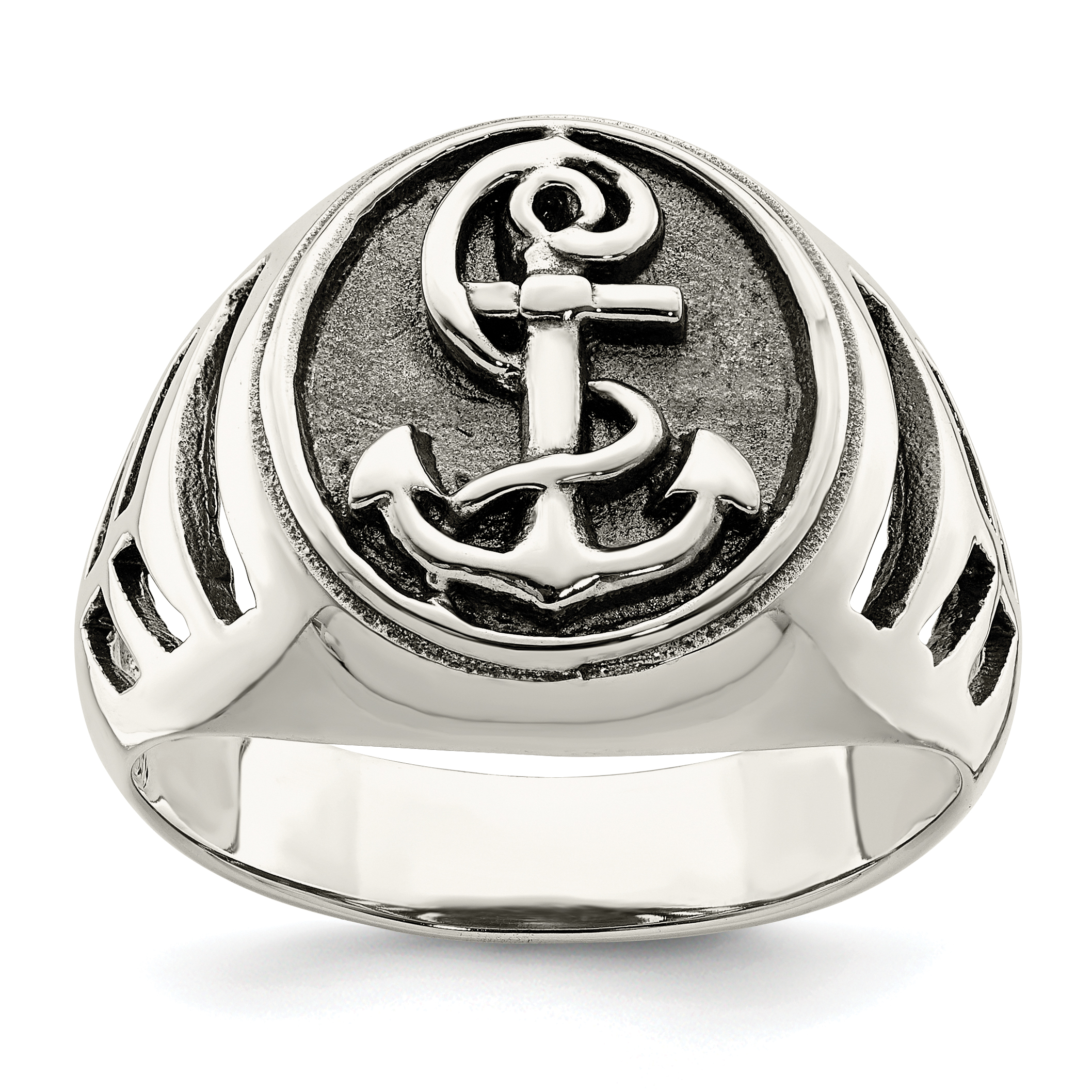 Sterling Silver Antiqued Anchor Ring (QR6835-10)