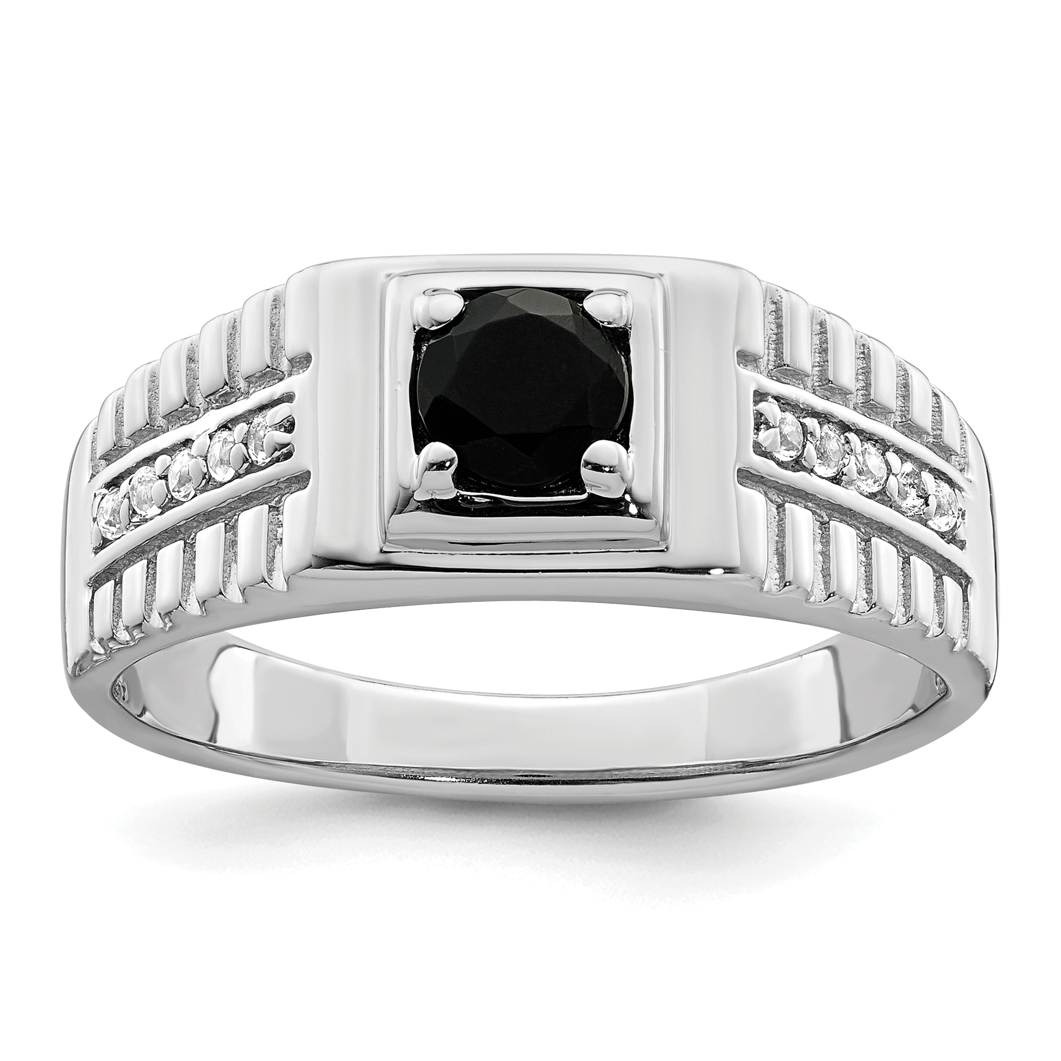 Sterling Silver Rhodium-plated Men's Onyx and White Topaz Ring (QR6847-10)