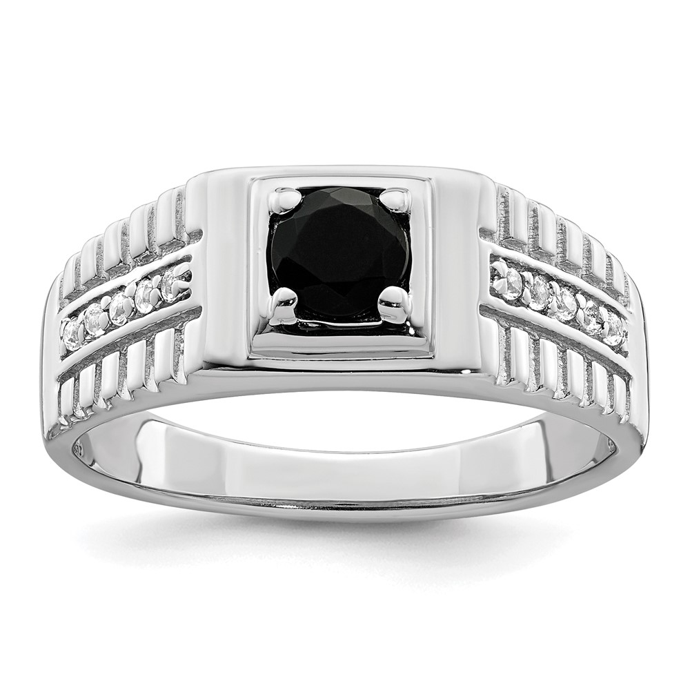 Sterling Silver Rhodium-plated Men's Onyx and White Topaz Ring (QR6847-10)
