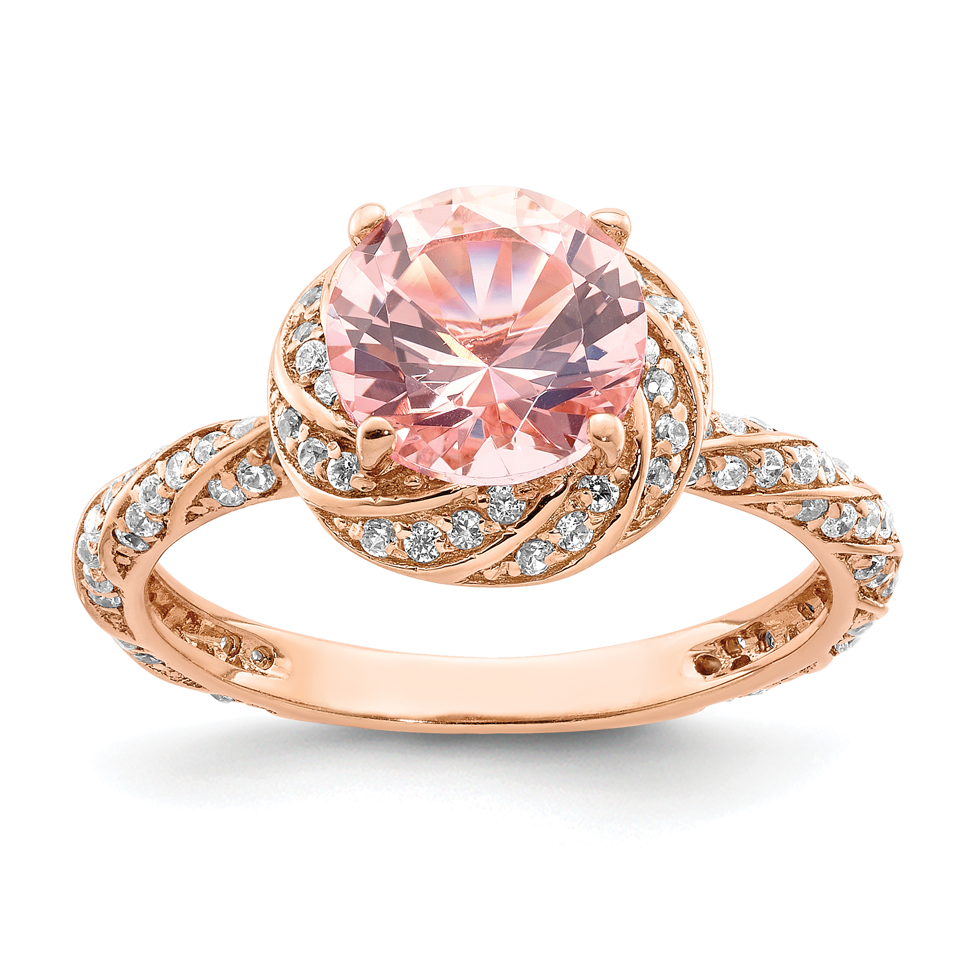 Sterling Silver Rose-tone White CZ and Pink Crystal Ring (QR6852-6)