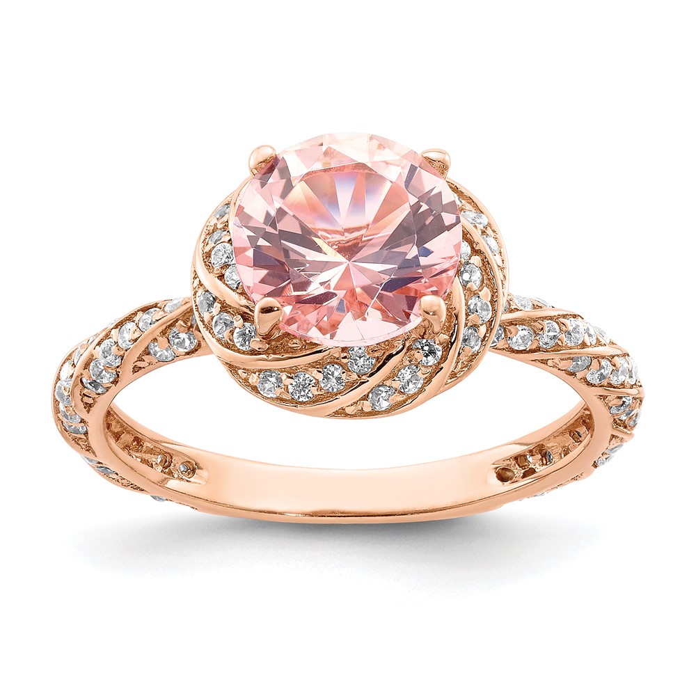 Sterling Silver Rose-tone White CZ and Pink Crystal Ring (QR6852-6)