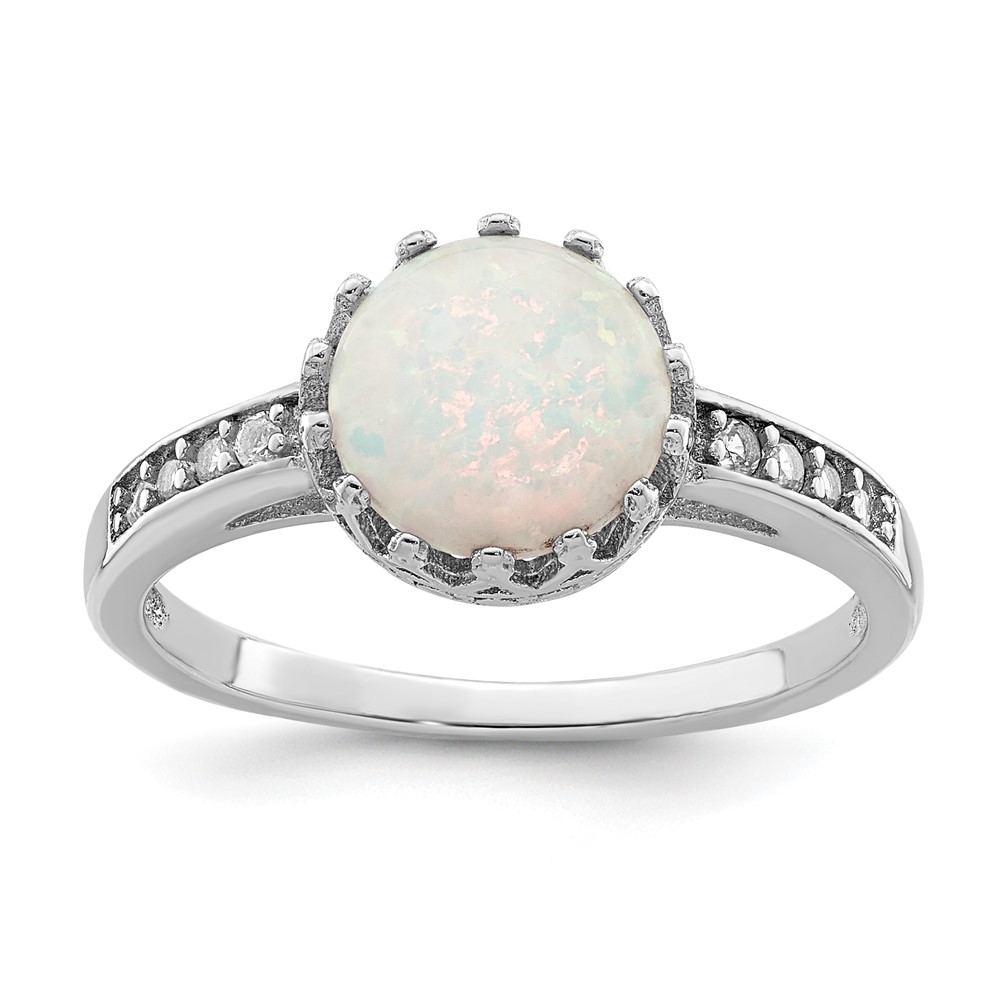 Sterling Silver Rhodium-plated Polished Created Opal and CZ Ring (QR6857-6)
