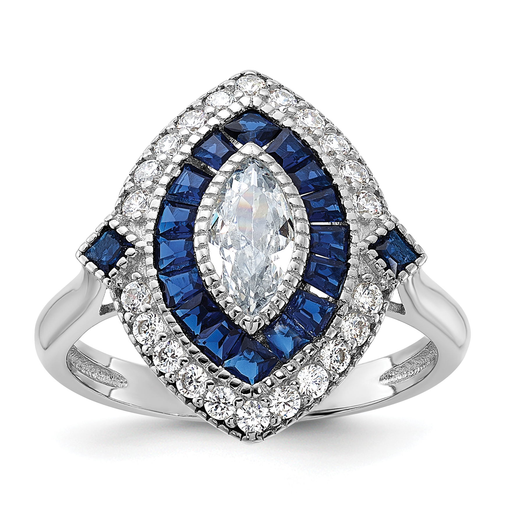 Sterling Silver Rhodium-plated CZ and Synthetic Blue Spinel Ring (QR6858-6)