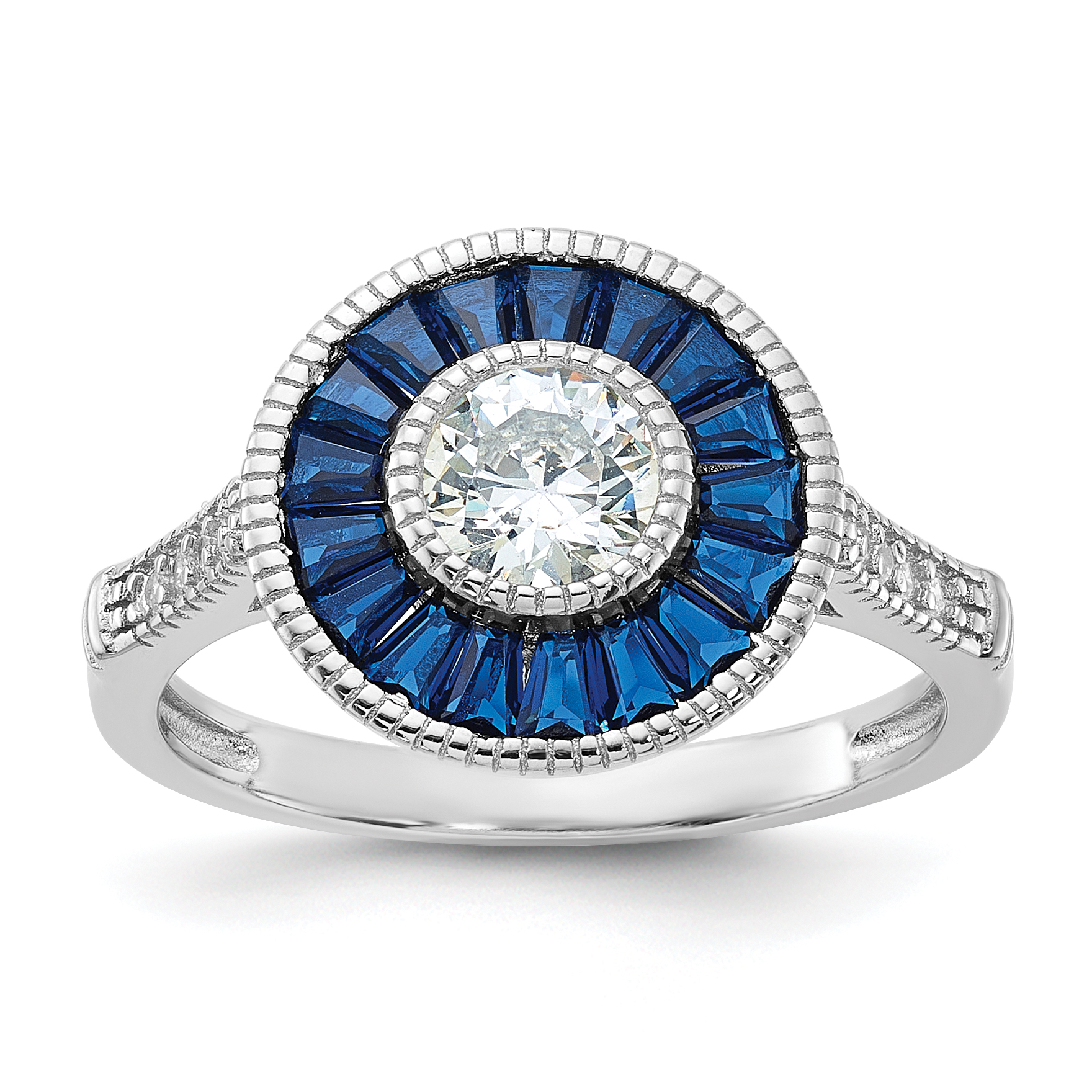 Sterling Silver Rhodium-plated Synthetic Blue Spinel and CZ Ring (QR6860-7)