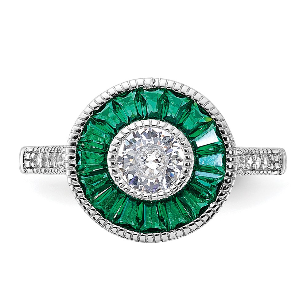 Sterling Silver Rhodium-plated Synthetic Green Spinel and CZ Ring (QR6861-8)
