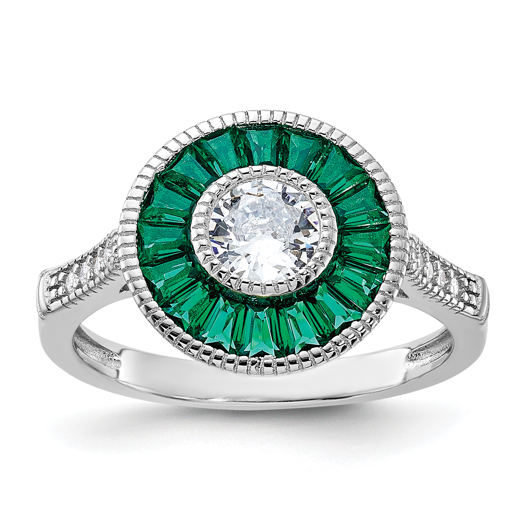 Sterling Silver Rhodium-plated Synthetic Green Spinel and CZ Ring (QR6861-7)