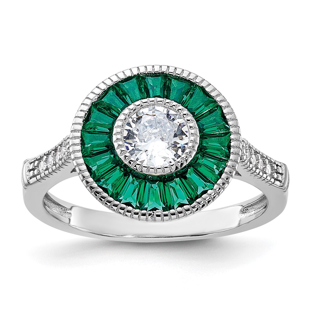 Sterling Silver Rhodium-plated Synthetic Green Spinel and CZ Ring (QR6861-7)