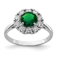 Sterling Silver Rhodium-plated Green Glass and CZ Halo Ring view 1