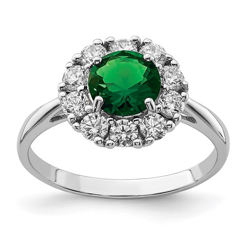 Sterling Silver Rhodium-plated Green Glass and CZ Halo Ring