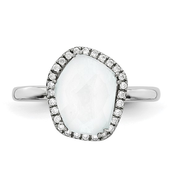 Sterling Silver Rhodium-plated Blue Lace Agate and CZ Ring