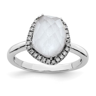 Sterling Silver Rhodium-plated Blue Lace Agate and CZ Ring