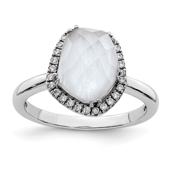 Sterling Silver Rhodium-plated Blue Lace Agate and CZ Ring