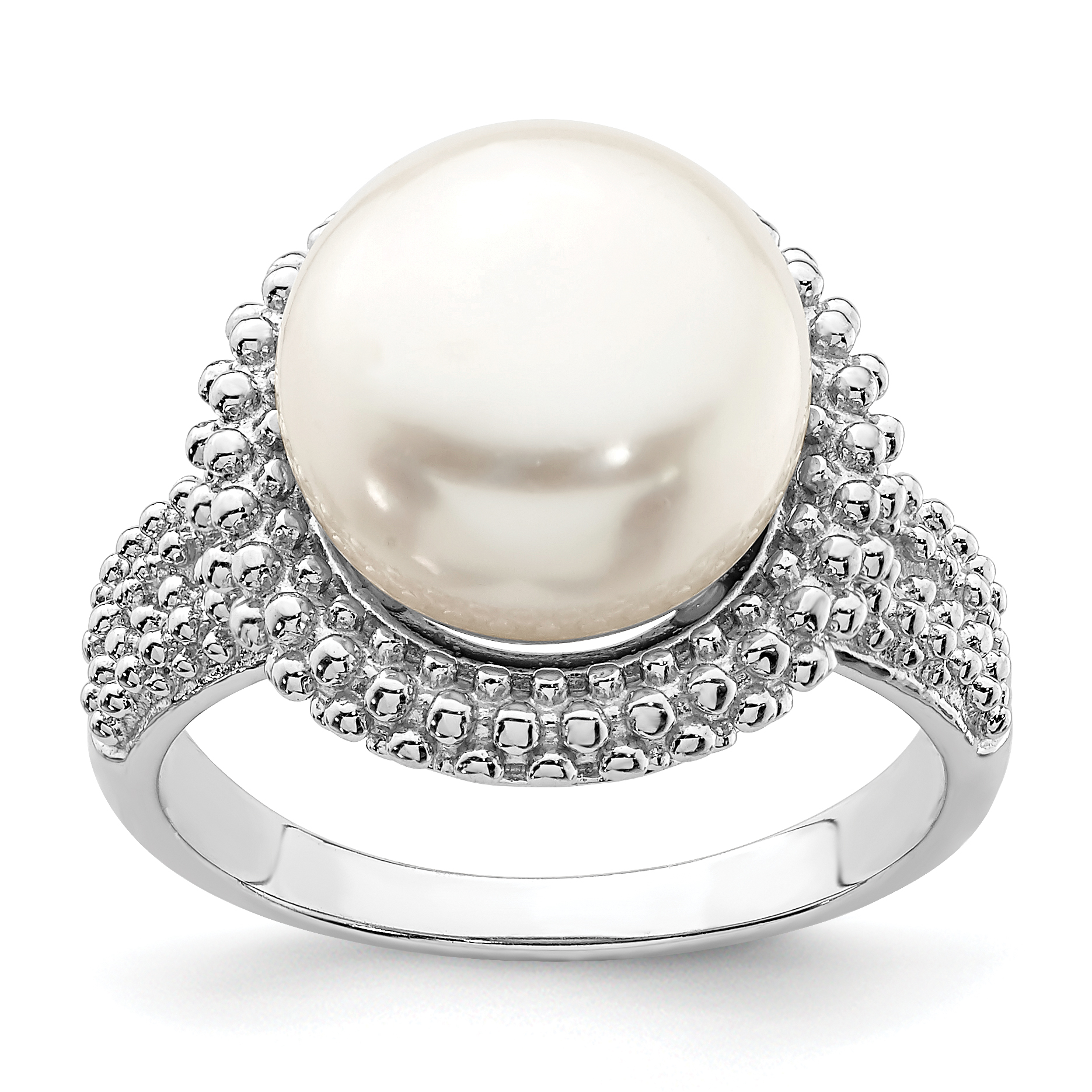 Sterling Silver Rhod-plat 11-12mm White FWC Pearl Ring (QR6870-8)