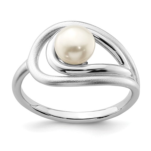 Sterling Silver Rhodium-plated Polished & Brushed (6-7mm) Fwc Pearl Ring
