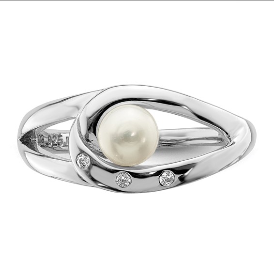 Sterling Silver Rhodium-plated CZ (5-6mm) Button FWC Pearl Ring