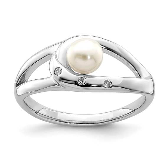 Sterling Silver Rhodium-plated CZ (5-6mm) Button FWC Pearl Ring