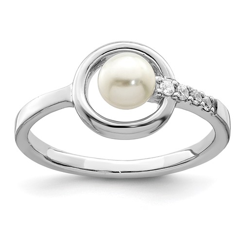 Sterling Silver Rhodium-plated CZ 5-6mm Button Fwc Pearl in Circle Ring