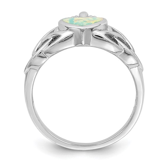 Sterling Silver Rhod-plated Lab Created Opal Celtic Knot Crown Ring