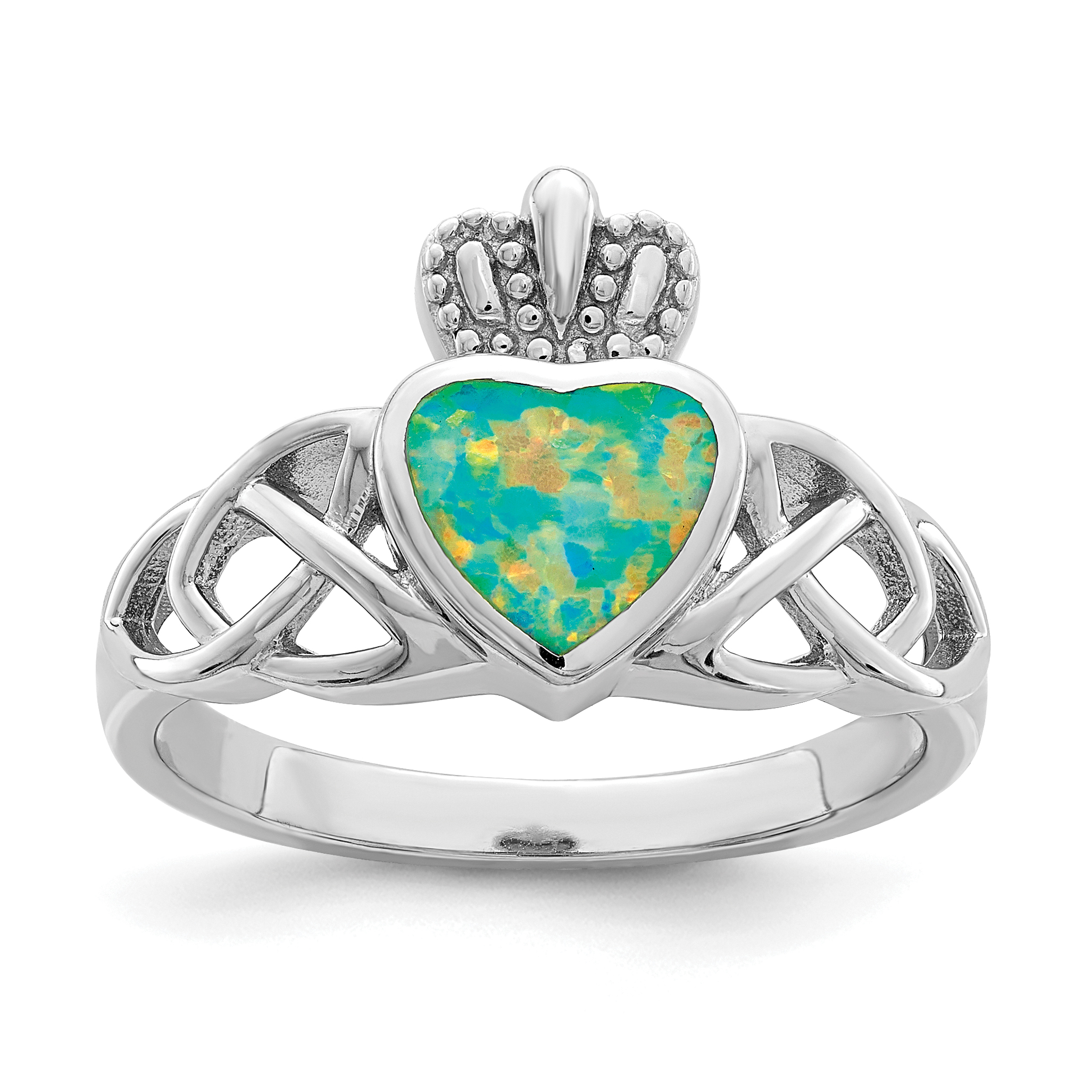 Sterling Silver Rhod-plated Lab Created Opal Celtic Knot Crown Ring (QR6901-7)