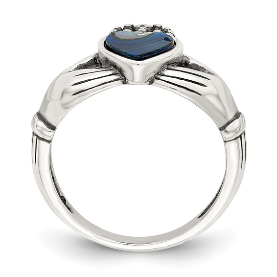 Sterling Silver Antiqued Abalone Inlay and Black Enamel Claddagh Ring