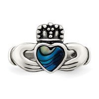 Sterling Silver Antiqued Abalone Inlay and Black Enamel Claddagh Ring view 4