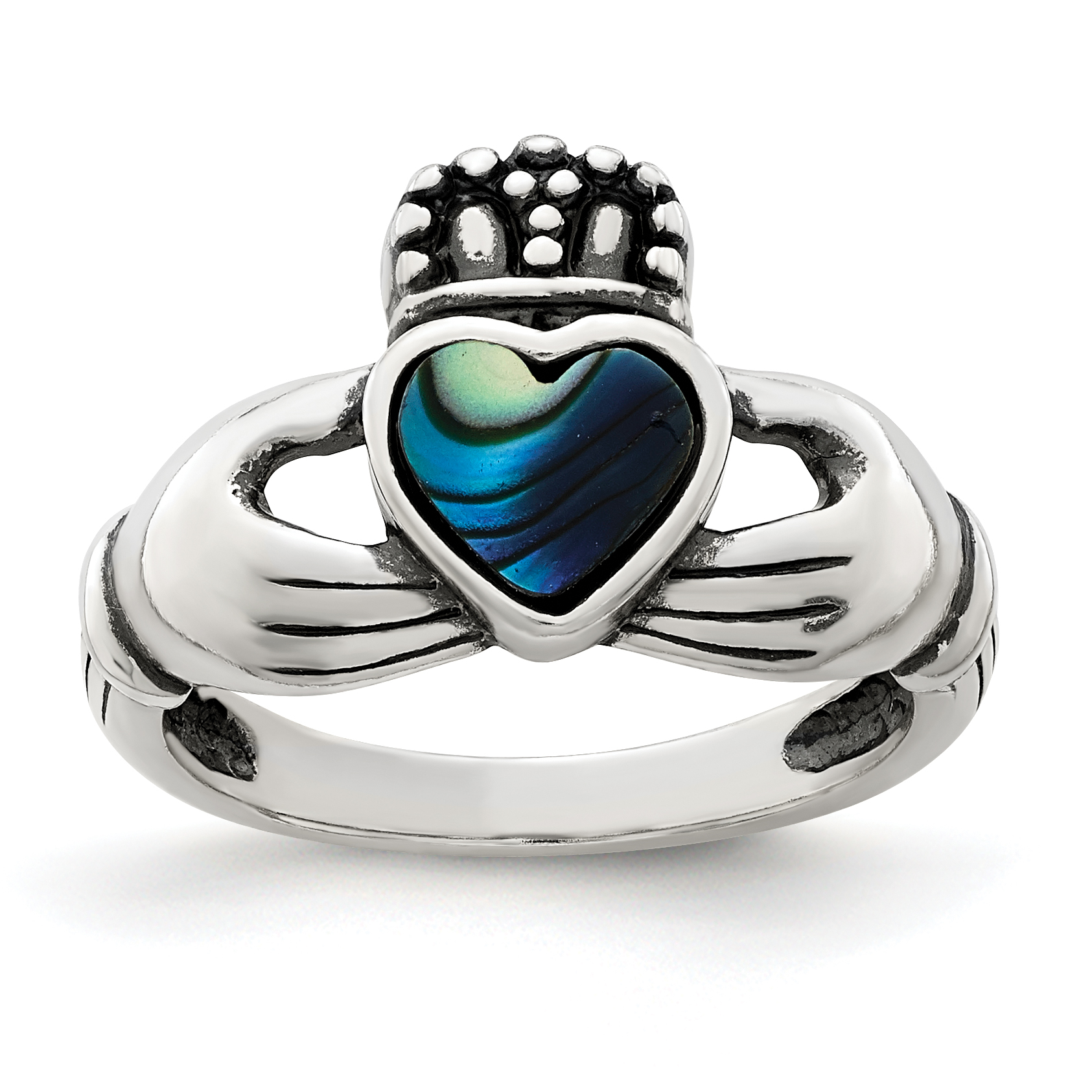 Sterling Silver Antiqued Abalone Inlay and Black Enamel Claddagh Ring (QR6902-7)