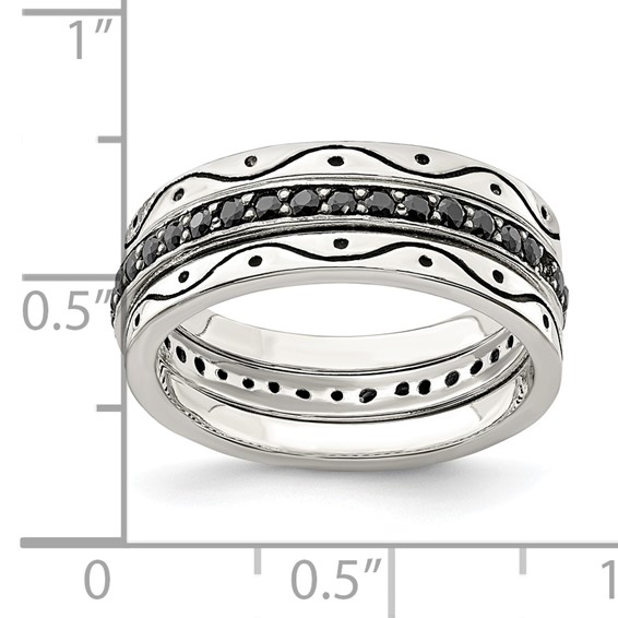 Sterling Silver Three Piece Set Antiqued & Black CZ Bands