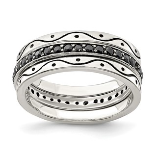 Sterling Silver Three Piece Set Antiqued & Black CZ Bands