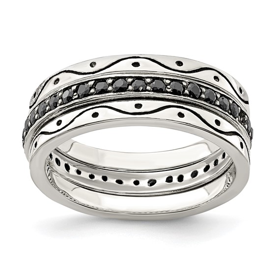 Sterling Silver Three Piece Set Antiqued & Black CZ Bands