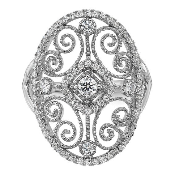 Sterling Silver Rhodium-plated CZ Filigree Oval Ring