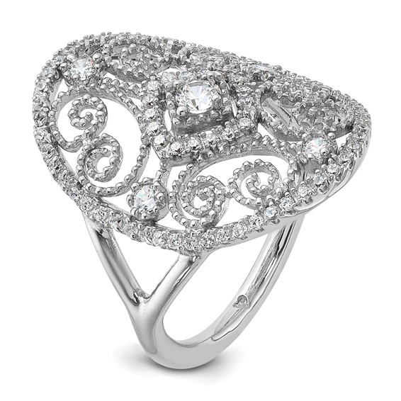 Sterling Silver Rhodium-plated CZ Filigree Oval Ring