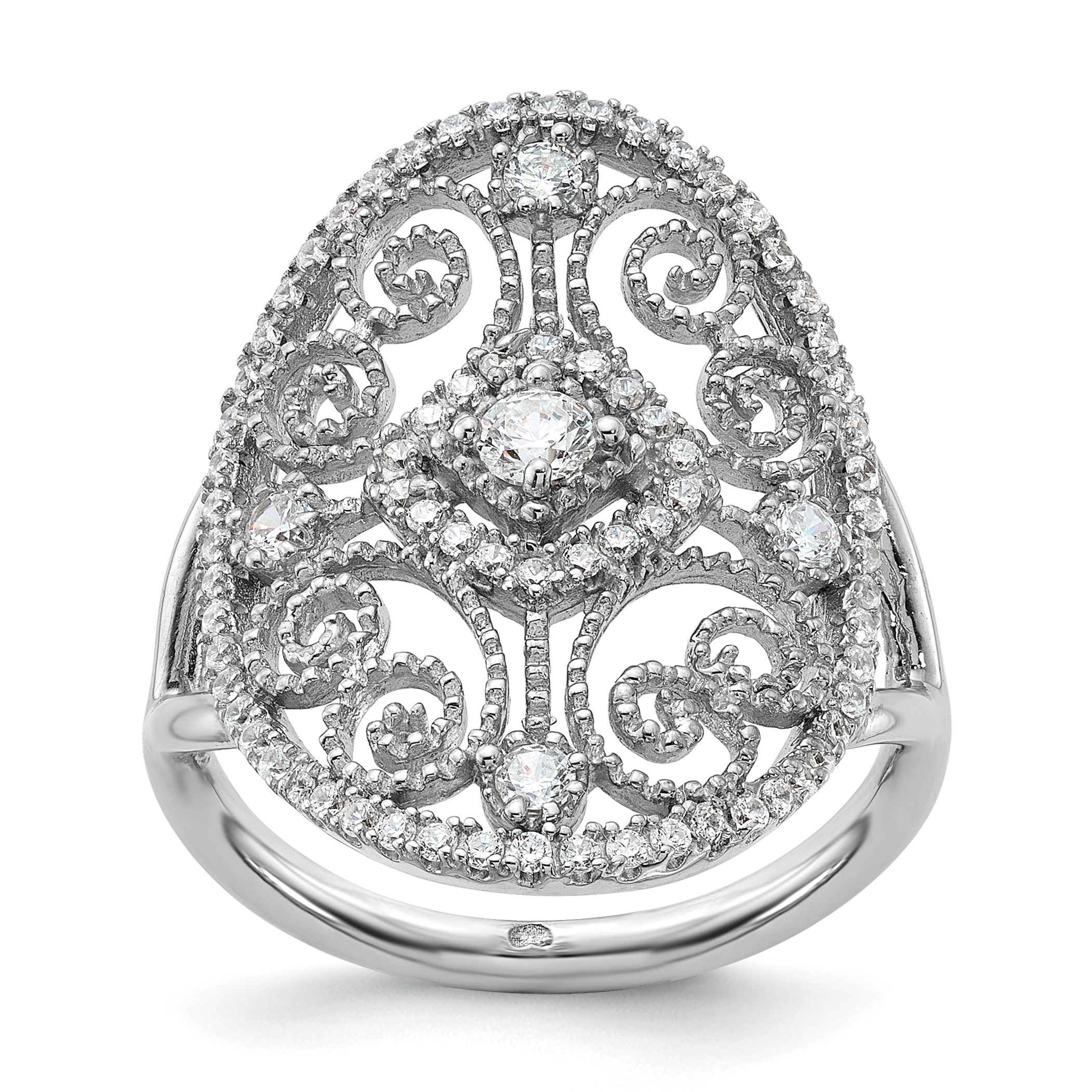 Sterling Silver Rhodium-plated CZ Filigree Oval Ring (QR6922-7)