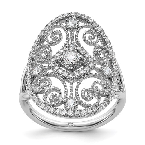 Sterling Silver Rhodium-plated CZ Filigree Oval Ring