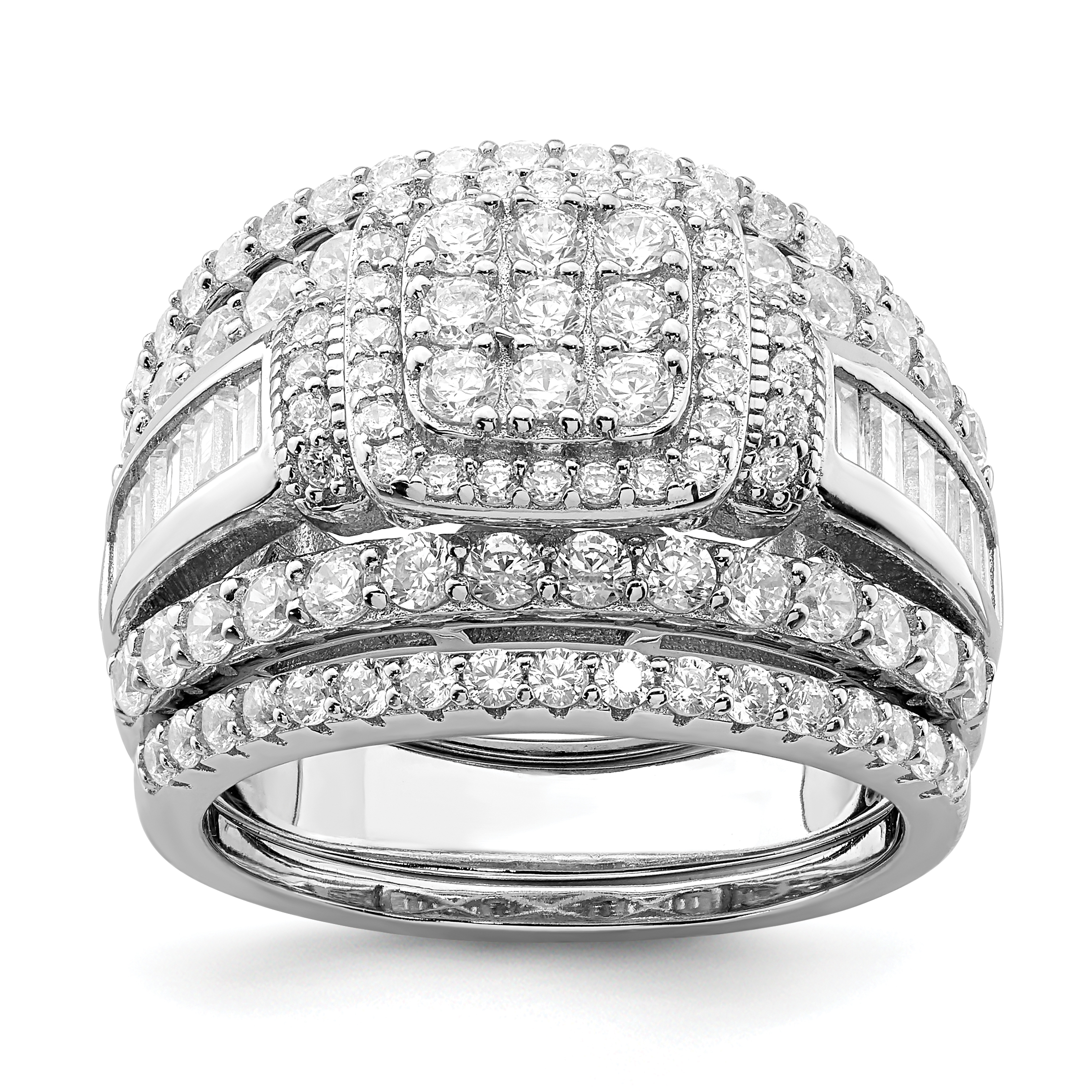 Sterling Silver Rhodium-plated CZ Square Cut 3 Piece Set Ring (QR6930-7)