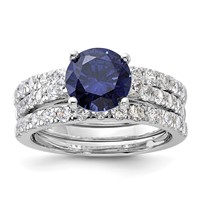 Sterling Silver Rhodium-plated 8mm Blue CZ Engagement Ring and White CZ Wedding Band Set view 1