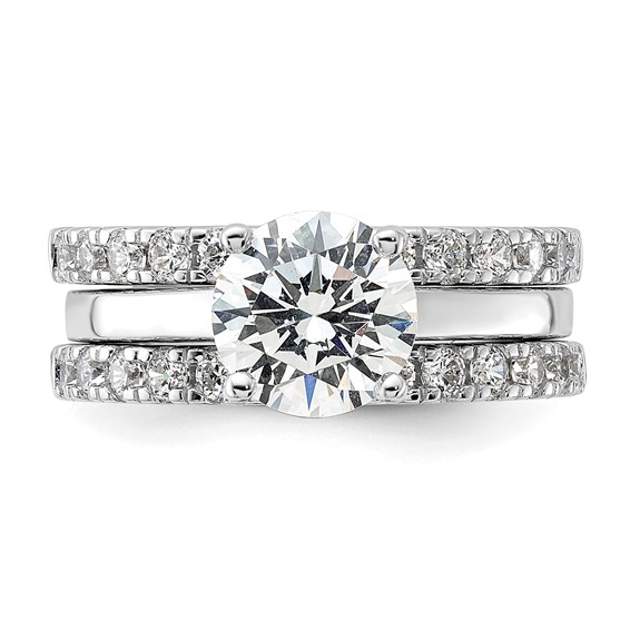 Sterling Silver Rhodium-plated 8mm CZ Solitaire & 2 CZ Bands Set