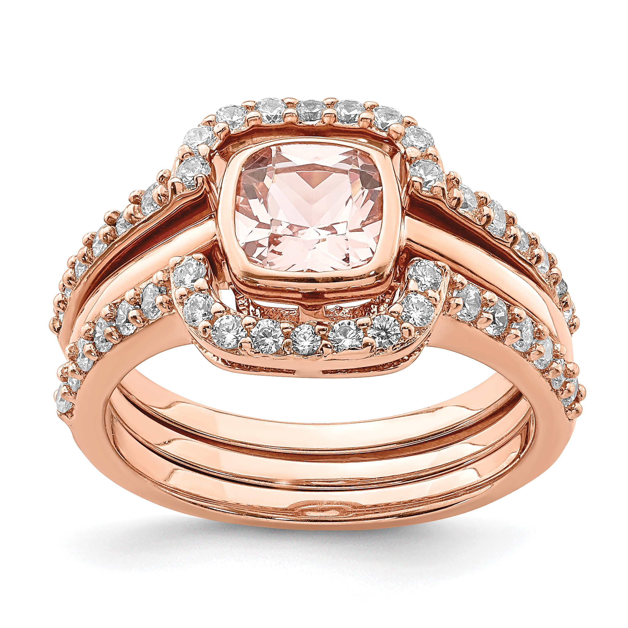 Sterling Silver 3 Piece Rose-tone Pink Crystal & CZ Ring Set (QR6935-6)